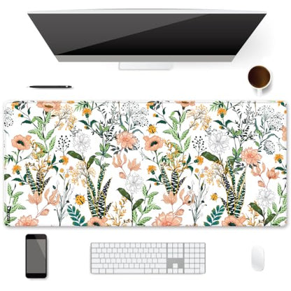 XXL Waterproof Office Desk Pad Protector 35.4x15.7 Inch - Extended Gaming Mouse Pad with Non-Slip Rubber Base, Thickened Keyboard Mat, Stitched Edges & Floral Flowers Design - color: Red