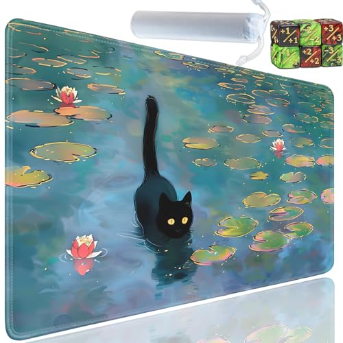 Playmat for MTG, 24x14 Inches Playmats, for TCG and CCG Trading Card Game Mat, Non-Slip Rubber for MTG Playmats with A Storage Bag and 6 Dice Set, Water Lily Blue Pond Black Cat - color: Yu-Playmat-1-E137