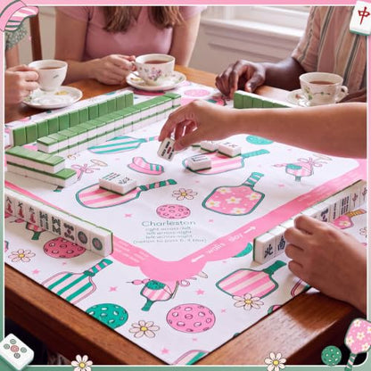 Pink Dickleball Martini Mahjong Mat with Rules 31.5" x 31.5" | Preppy Floral Design, Non-slip Noise Reduction, Mahjong Game Table Cover for Poker Board, Card Games, Dickleball Lovers Gifts - style: Preppy Pink