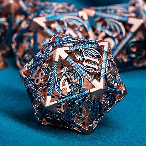 ARUOHHA Hollow DND Metal Dice Set Blue Dragons D and D Dice, RPG Role Playing Games Dungeons Polyhedral Dice with Gift Box D20 D12 D10 D8 D6 D4 - color: Copper Blue