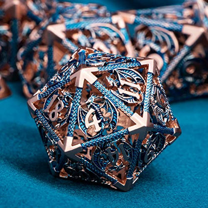 ARUOHHA Hollow DND Metal Dice Set Blue Dragons D and D Dice, RPG Role Playing Games Dungeons Polyhedral Dice with Gift Box D20 D12 D10 D8 D6 D4 - color: Copper Blue