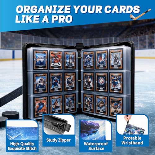 Hockey Card Binder with Sleeves, 9-Pocket Portable Card Protectors Album Holder Book with Zipper, Fits 900 Cards with 50 Removable Sleeves, Hockey Cards Display Storage Carrying Case - color: Hockey-01