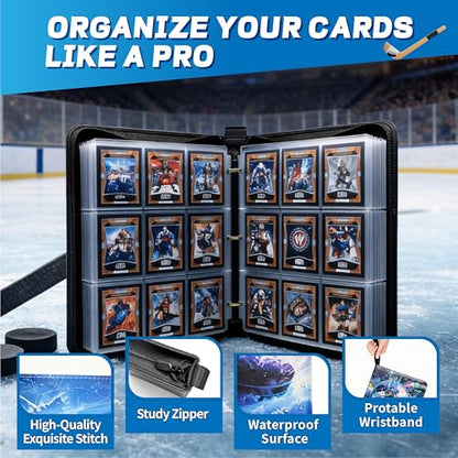Hockey Card Binder with Sleeves, 9-Pocket Portable Card Protectors Album Holder Book with Zipper, Fits 900 Cards with 50 Removable Sleeves, Hockey Cards Display Storage Carrying Case - color: Hockey-01