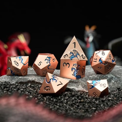 Blue Dragon Theme Metal Dice Set,HNCCESG 7PCS Solid Zinc Alloy Polyhedral Dice with Magnetic Gift Box for RPG Tabletop Game Lovers (Ancient Gold with Blue Dragon) - color: Ancient Gold Blue
