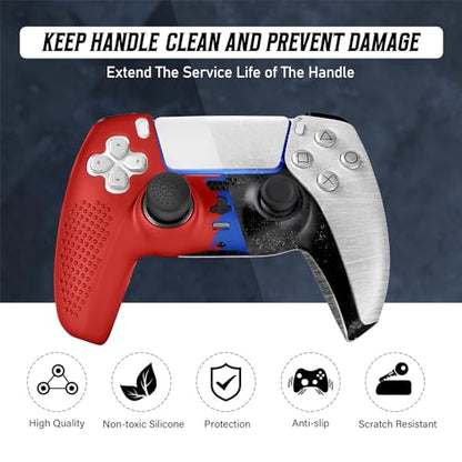 PS5 Controller Skin, Anti-Slip Soft Silicone Protective Cover Case for PlayStation 5 Controller Grip Accessories, 2 Pack with 8 x Thumb Grip Caps (Red Mix Blue) - color: Red Mix Blue