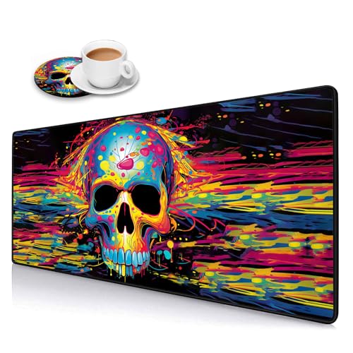Desk Pad Mat Gaming Mouse Pads with Coasters Set, Stitched Edges Design Mouse Pad XXL Large Mouse Pad for Laptop Computers Color Skull Desk Writing Mat for Office & Home 31.5x 11.8 - color: Color Skull