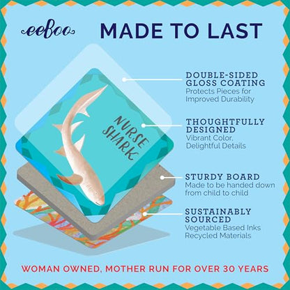 eeBoo Shiny Sharks & Friends Memory & Matching Game, Ages 3+, 1-4 Players | Introduces sharks & marine life. Sharpens recognition, concentration & memory skills. Includes 48 foil tiles, 24 pairs - style: Shiny Sharks & Frinds