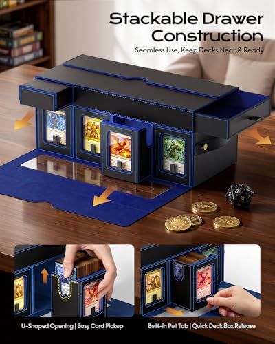 MoKo Commander Deck Box for MTG with Handle & Dice Tray, 8+2 Modular Design | 8-Deck Modular Card Case, Magnetic Holders & Dividers Included, Holds 1040+Double-Sleeved Cards, Playmat Storage, Fit TCG/EDH - color: Black Blue