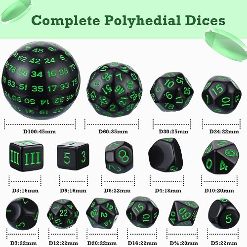 Civaner 15 Pcs Complete Polyhedral Dice Set D3-D100 Spherical RPG Dice Set in Opaque Black, 100 Sides for Role Playing Table Games Party Supplies(Black and Green) - color: Black and Green