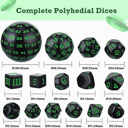 Civaner 15 Pcs Complete Polyhedral Dice Set D3-D100 Spherical RPG Dice Set in Opaque Black, 100 Sides for Role Playing Table Games Party Supplies(Black and Green) - color: Black and Green