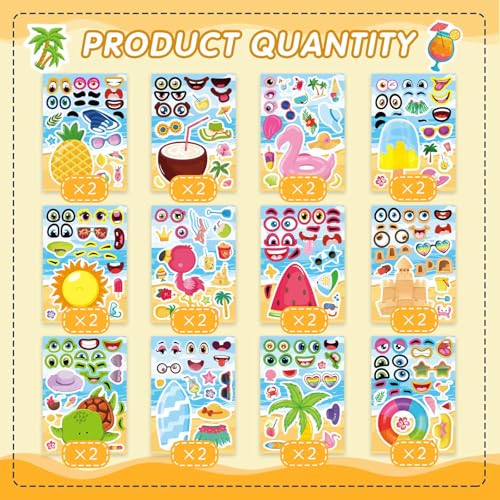 Summer Stickers, Make a Face Sticker, Hawaii Tropical Pool Beach Stickers | 24 Sheets Make Your Own Sticker with Pineapple Flamingo Beverage, Summer Holiday Party Favors - style: Summer