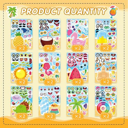 Summer Stickers, Make a Face Sticker, Hawaii Tropical Pool Beach Stickers | 24 Sheets Make Your Own Sticker with Pineapple Flamingo Beverage, Summer Holiday Party Favors - style: Summer