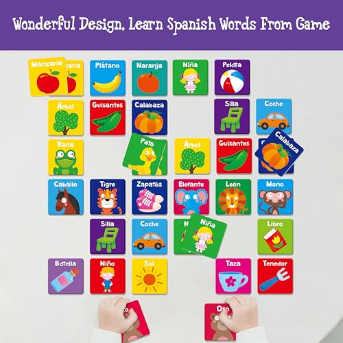 Hebayy Spanish Memory Matching Game, 72 PCS First Words Matching Cards for Toddlers, 36 Pairs Memory Cards Educational Toys Preschool Spanish Learning Activities for 4 5 6 Years Old - style: Cartoon Animals (Spanish version)