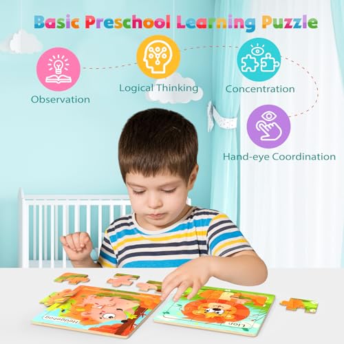 Zeoddler Wooden Puzzles for Toddlers, 8 Pack Animal Jigsaw Puzzles for Kids3-5, 9 Pieces Preschool Learning Activities, Learning & Educational Toys, Gift for Boys, Girls - style: Animal