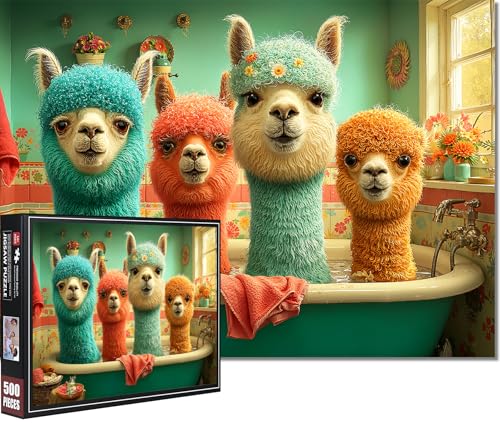 Llama Puzzles for Adults 500 Pieces, 15"x20" | Animal in Bathtub Jigsaw Puzzle, Letters on Back, Reference Poster Included, Family Challenging Funny Perfect for Game Nights - color: Alpaca