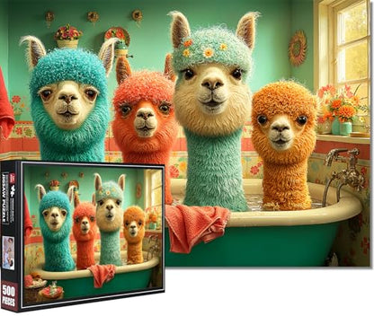 Llama Puzzles for Adults 500 Pieces, 15"x20" | Animal in Bathtub Jigsaw Puzzle, Letters on Back, Reference Poster Included, Family Challenging Funny Perfect for Game Nights - color: Alpaca