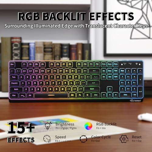 ZIYOU LANG M104 RGB Wireless Keyboard, Low-Profile Silent Membrane Keys, 2.4G Bluetooth USB Wired, Spill-Resistant, Rechargeable Full-Size 104-Key Keyboard for PC Mac, Black - color: Black
