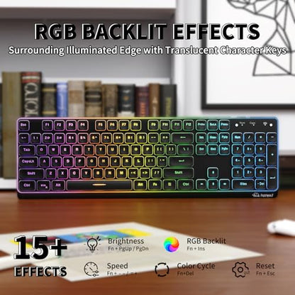 ZIYOU LANG M104 RGB Wireless Keyboard, Low-Profile Silent Membrane Keys, 2.4G Bluetooth USB Wired, Spill-Resistant, Rechargeable Full-Size 104-Key Keyboard for PC Mac, Black - color: Black