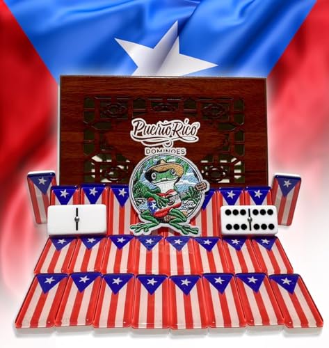 PRK 14 Premium Edition Puerto Rican Dominoes Set Deluxe – Double Six Domino Adult Tiles with Puerto Rico Flag Design – Resin & Clear Top Acrylic – Classic Artisan Wooden Storage Case Included