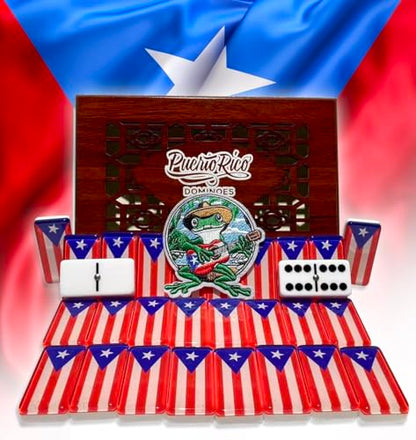 PRK 14 Premium Edition Puerto Rican Dominoes Set Deluxe – Double Six Domino Adult Tiles with Puerto Rico Flag Design – Resin & Clear Top Acrylic – Classic Artisan Wooden Storage Case Included