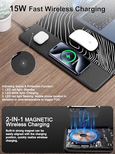 TopMade Mouse Pad with 15W Fast Wireless Charging, 31.5"x15.75" XXL Large Gaming Waterproof Desk Pad with Ultra-Smooth Surface, Non-Slip Base, Computer Desk Mat, Black Topographic Map #1 - color: Black Topographic Map #1