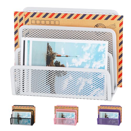 EASEPRES Desk Mail Organizer, Office Small Desktop Metal Mesh Envelope Letter Sorter Paper File Holder Organizer with 3 Vertical Upright Compartments, White 1 Pack - color: White, size: 1 Pack