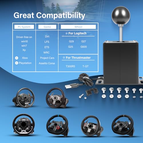 PC USB Sim Racing Shifter 6+R H Gear Shifter Compatible with Logitech G29 G27 G25 G920 T300RS/GT Steering Wheel, For PC Windows Steering 丨Plug Right into PC丨Metal Top Plate丨 Heavier Knob