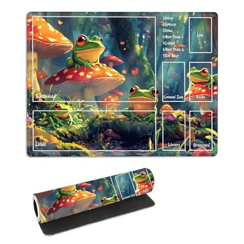 for MTG Playmat with Zones Storage Bag, for TCG Playmat and Playing Card Mat for Magic Board Games, Non-Slip Desk Mat, Stitched Edges Game Mat, Rollable Cute Frogs Card Play mat - color: Cute Frogs, size: With Zone 17.32''x13.78''