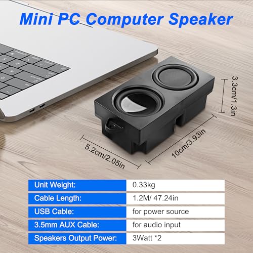 MEIRIYFA Computer Speakers for Desktop PC Laptop, Mini PC Computer Speaker USB Powered 3.5mm AUX Jack Input with Volume Control, HiFi Stereo PC Loudspeaker for Desktop Tablet (Black, 1.2M)