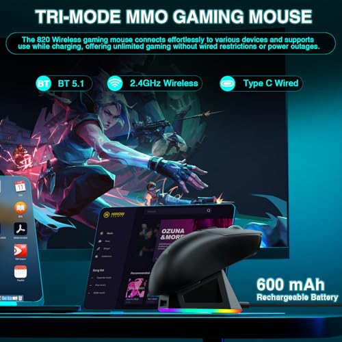 SOLAKAKA SM820 Wireless Gaming Mouse with RGB Charging Dock,24000 DPI Tri-Modes Wireless Mouse with 2 Side Buttons,Programmable Macro Mouse for Gaming(Black) - color: black