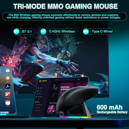 SOLAKAKA SM820 Wireless Gaming Mouse with RGB Charging Dock,24000 DPI Tri-Modes Wireless Mouse with 2 Side Buttons,Programmable Macro Mouse for Gaming(Black) - color: black