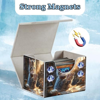 Commander Deck Box for Trading Cards - Fits 100+ Double Sleeved Cards, PU Leather MTG TCG Storage Case with Strong Magnetic Closure, Cat Playing Cards - color: Cat Playing Cards