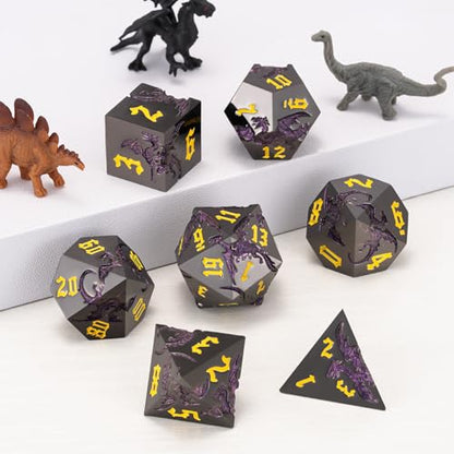 D&D Metal Dragon Dice Set with Dragon, Metallic Polyhedral Dice Set for Dungeons and Dragons RPG TTRPG D&D Die with Gift Case - color: Dragon-pearl Gun Glitter Purple