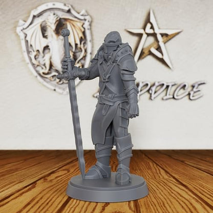 AUSPDICE Medieval Knight 28mm Unpainted Fantasy Miniature with Sword AS238 | Armored Knight Figure with Greatsword and Closed Helmet for Dungeons and Dragons,TTRPGs Fantasy Campaigns and Dungeon Masters