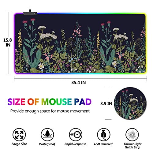 RGB Gaming Mouse Pad Large, AIMSA Keyboard Led Mousepad Extended 35.4 x 15.8 inch Non-Slip Rubber Base with 14 Lighting Modes, Big Desk Mat Waterproof, Flowers Plants - color: Flowers Plants
