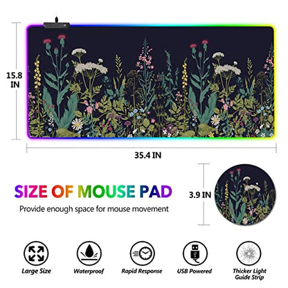 RGB Gaming Mouse Pad Large, AIMSA Keyboard Led Mousepad Extended 35.4 x 15.8 inch Non-Slip Rubber Base with 14 Lighting Modes, Big Desk Mat Waterproof, Flowers Plants - color: Flowers Plants