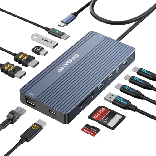 ANYOYO USB C Docking Station, 14 in 1 USB Hub for 3 Monitors, Dual 4K@60Hz HDMI & USB-C Video, 4xUSB-C(10Gbps),3X USB-A, Ethernet, SD/TF& 3.5mm Audio – Multiport Adapter for Lenovo/Dell/HP (Gray)