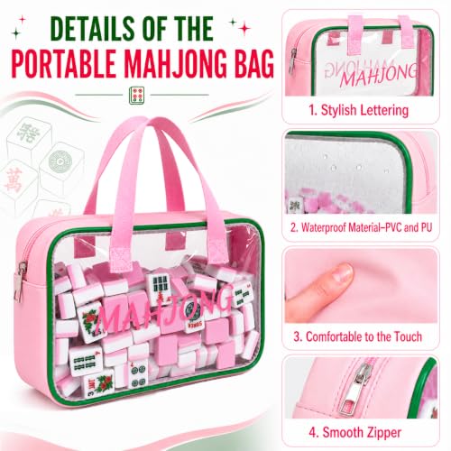 Empty Mahjong Tile Bag American Clear Mahjong Case with Zipper | PVC Mahjong Bag Storage 166 Tiles Waterproof Holder with Handles Letters Printed for Game Days Gift Travel Pink Case Only - color: Pink