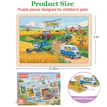 Wooden Puzzles for Kids Ages 4-6, 4 Pack with 24 Pieces Jigsaw Puzzles Preschool Educational Toys Gifts for Children Ages 3-5, Kids Toys Gifts for 4+ Year Olds Boys Girls - color: Vehicle Farm Airplane Boat