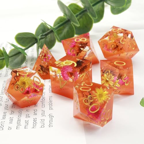 Haxtec Flower DND Dice Set, Orange Sharp Edge Resin Polyhedral Dice | Floral D&D Dice with Metal Case, Handmade Plant Inside, Dungeons and Dragons, TTRPG DND Gifts - color: Orange