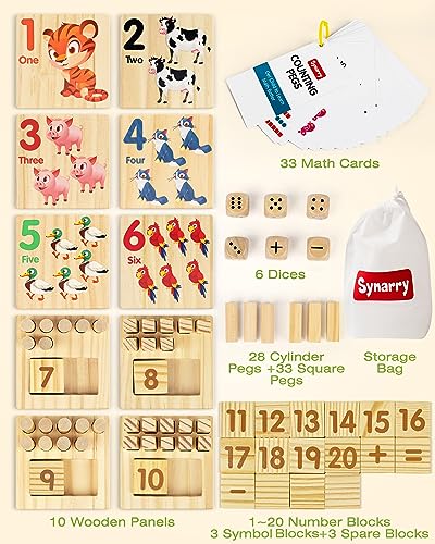 SYNARRY Wooden Counting Peg Boards - Montessori Math Manipulatives for Kindergarten Learning Activities, Number Addition and Subtraction Game, Easter Basket Stuffer Gift for Kid Ages 3-8