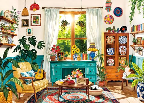 1000 Piece Puzzles for Adults - Cozy Boho Living Room Scene - Jigsaw Puzzles for Adults 1000 Piece Challenging Paper Puzzle for Relaxation, Home Decor Plant Lover Gifts (27.5" x 19.7") - color: Living Room Scene