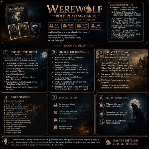 KAIU Werewolf Card Game, Social Deduction Party Game with 18 Unique Roles, Gothic Artwork 52 Role Cards & 3 Description Cards for Large Groups Family Game Night, 7-16+ Players
