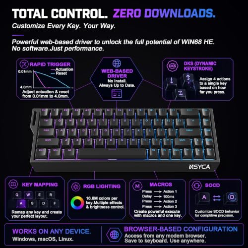 WIN68 HE Hall Effect Keyboard, Rapid Trigger Magnetic Gaming Keyboard, 8000Hz Polling Rate, DKS & SOCD, 0.01mm Adjustable Actuation, RGB PBT Keycaps, 60% Wired Keyboard for FPS Gaming PC & Mac - color: WIN68 Black