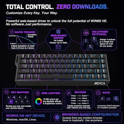 WIN68 HE Hall Effect Keyboard, Rapid Trigger Magnetic Gaming Keyboard, 8000Hz Polling Rate, DKS & SOCD, 0.01mm Adjustable Actuation, RGB PBT Keycaps, 60% Wired Keyboard for FPS Gaming PC & Mac - color: WIN68 Black
