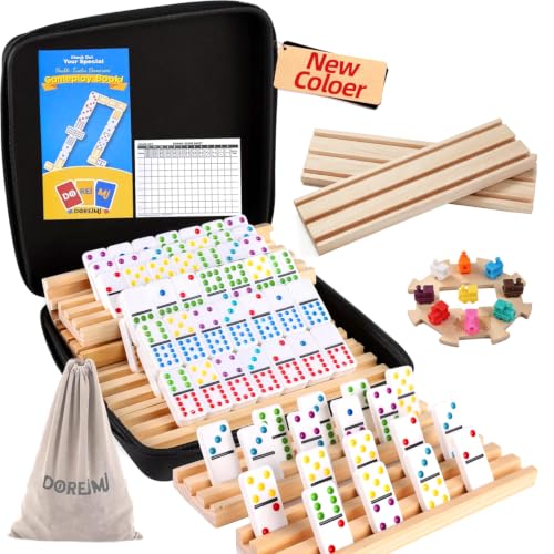Doreimi Upgraded Mexican Train Dominoes Set with 8 Wooden Holders, Double 12 Dominos Set for Kids, Adults Travel Domino Train Set with 91 Tiles and Carry Case, Classic Board Games for Family Night - style: Dot+8 Racks+Wooden Hub
