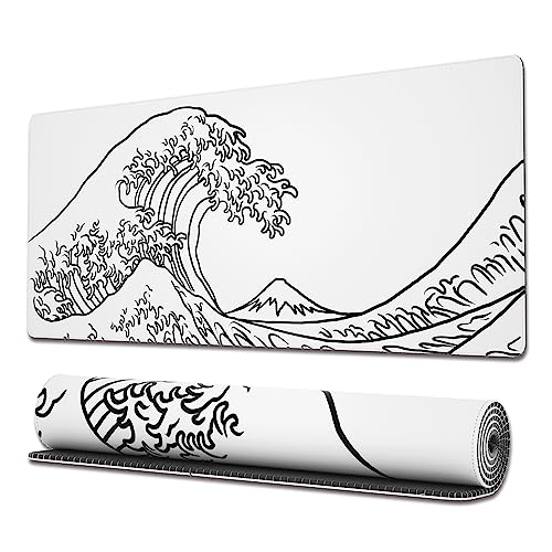 Ovenbird Gaming Mouse Pad with Stitched Edges, Japanese Wave White Extended XL Mousepad with Anti-Slip Base, Cool Large Mouse Pad for Desk, 31.5 x 11.8 in, White - color: Minimal Wave, size: Extended