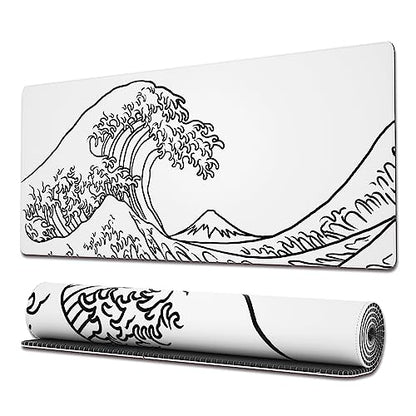 Ovenbird Gaming Mouse Pad with Stitched Edges, Japanese Wave White Extended XL Mousepad with Anti-Slip Base, Cool Large Mouse Pad for Desk, 31.5 x 11.8 in, White - color: Minimal Wave, size: Extended