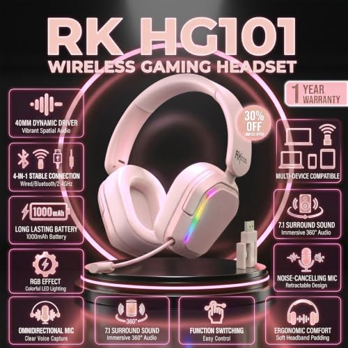 RK ROYAL KLUDGE HG101 V2 Wireless Gaming Headset, 2.4G/Bluetooth 6.0/3.5mm Wired Headphones, 7.1 Surround Sound, 40mm Drivers, Memory Foam Cushions, Works with Xbox, PS4/5, PC, Switch, Pink - color: Pink