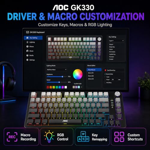 AOC GK330 75% Wireless Mechanical Gaming Keyboard, Hot-Swappable 3-Mode RGB | BT/2.4GHz/USB-C Connectivity, Pre-Lubed Reaper Switches, Anti-Ghosting, Gasket Mount and 5-Layer Sound-Dampening Padding